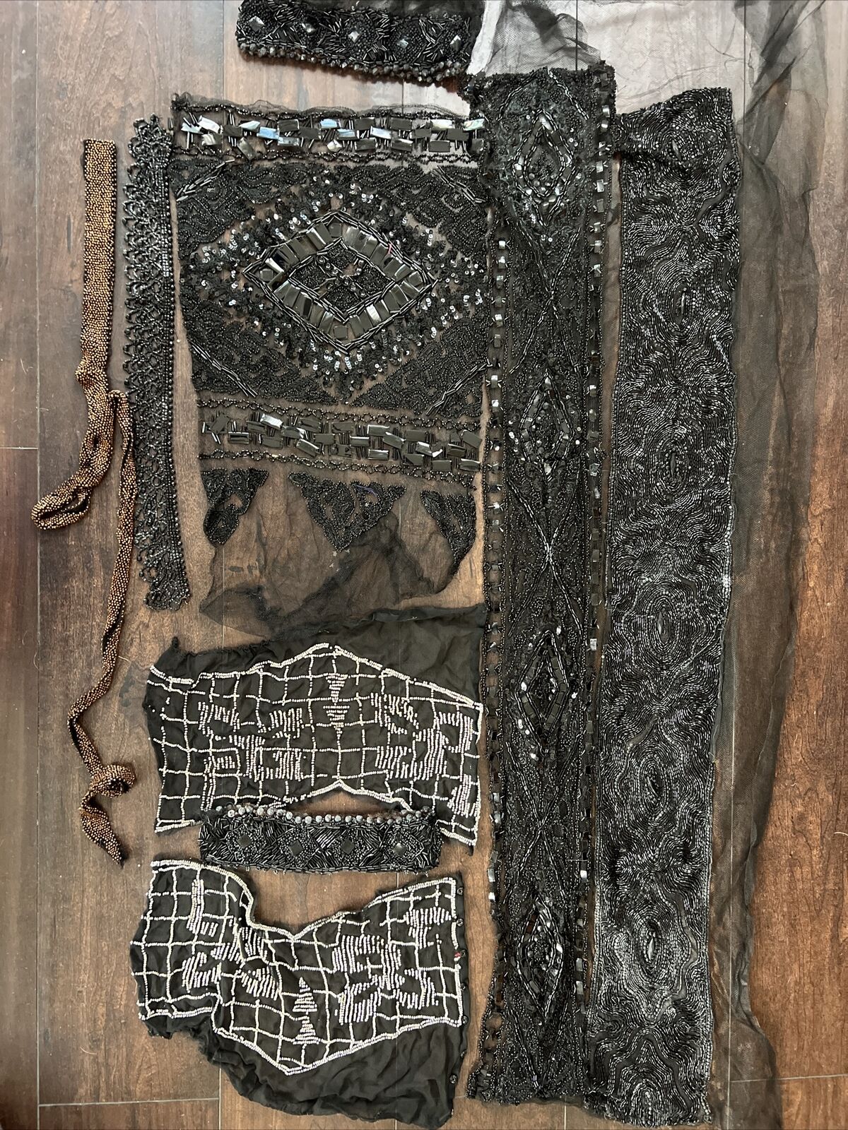 Lot of Antique Black Beaded Scraps, Repurpose, Sewing Victorian Goth