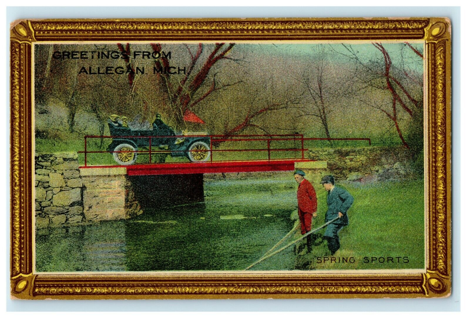 1912 Two People Fishing, And A Car Greetings from Allegan Michigan MI Postcard