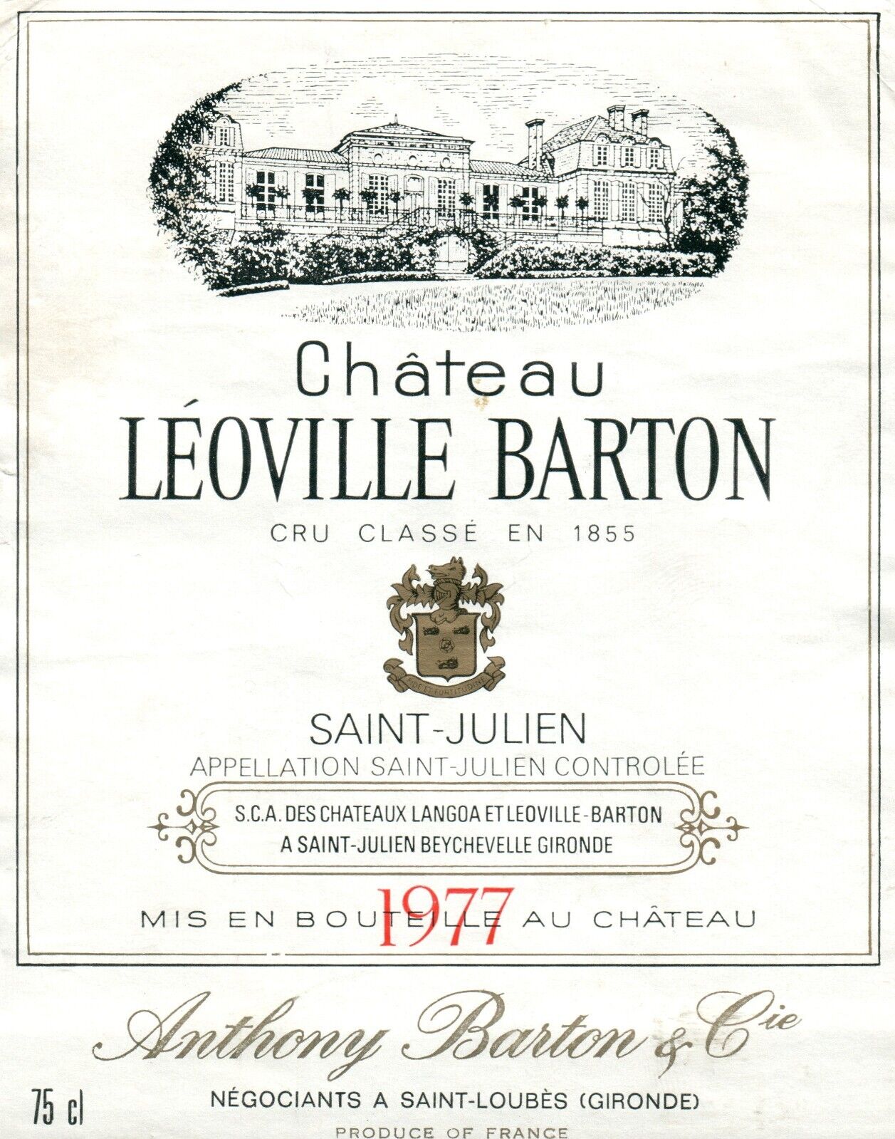 1970\'s-80\'s Chateau Leoville Barton French Wine Label VTG 1977 Original A448