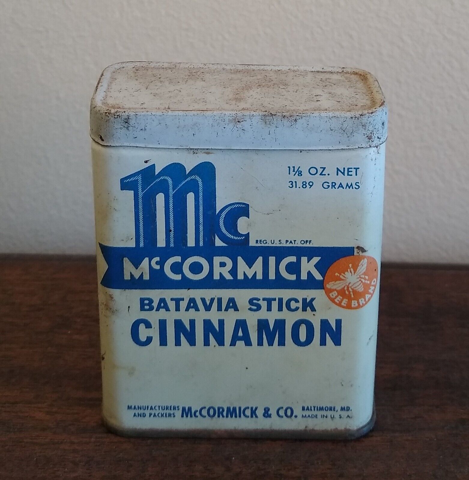 Vintage McCormick Tin Can, Batavia Stick Cinnamon, 1 1/8 oz, Blue White, Retro