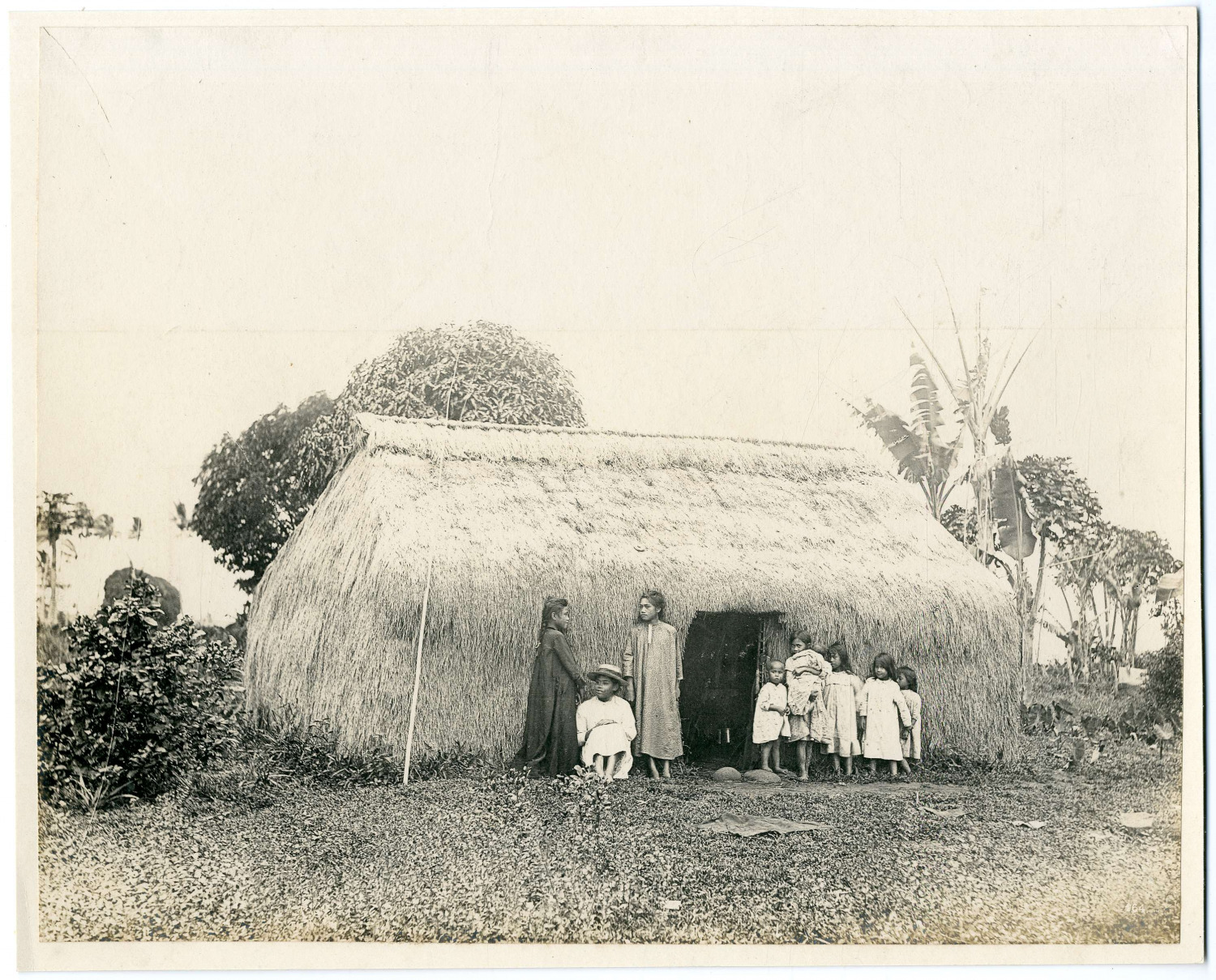 Hawaii, USA, Hawaiian Children Standing in Front of a Grass Hut, Vintage Albums