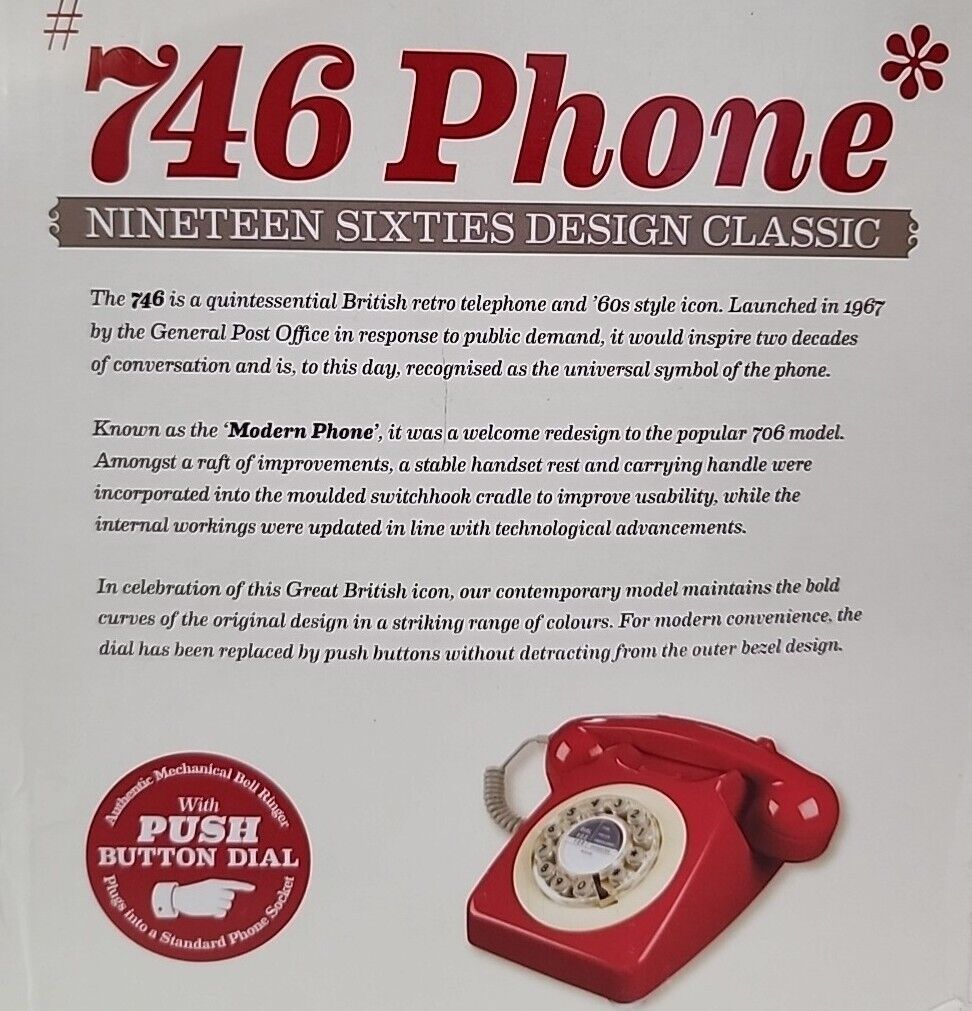 British 1960s Retro Design #746 Phone Corded Push Button Telephone Phone Box Red