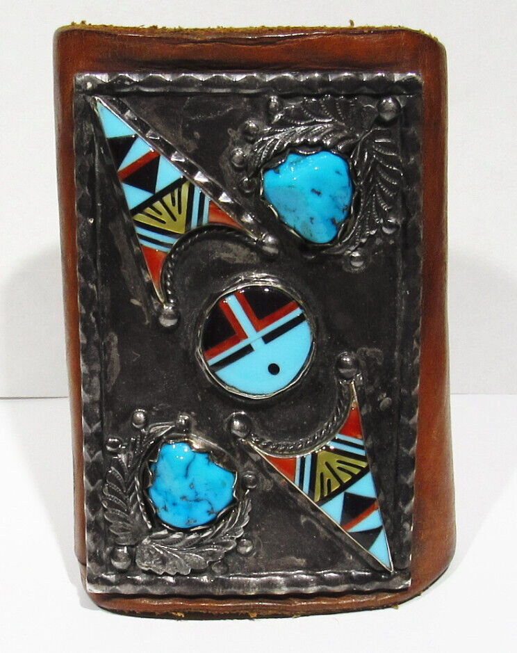 RARE Huge OLD Zuni G Laahty Inlay Turquoise Coral Sunface Bow Guard Bracelet