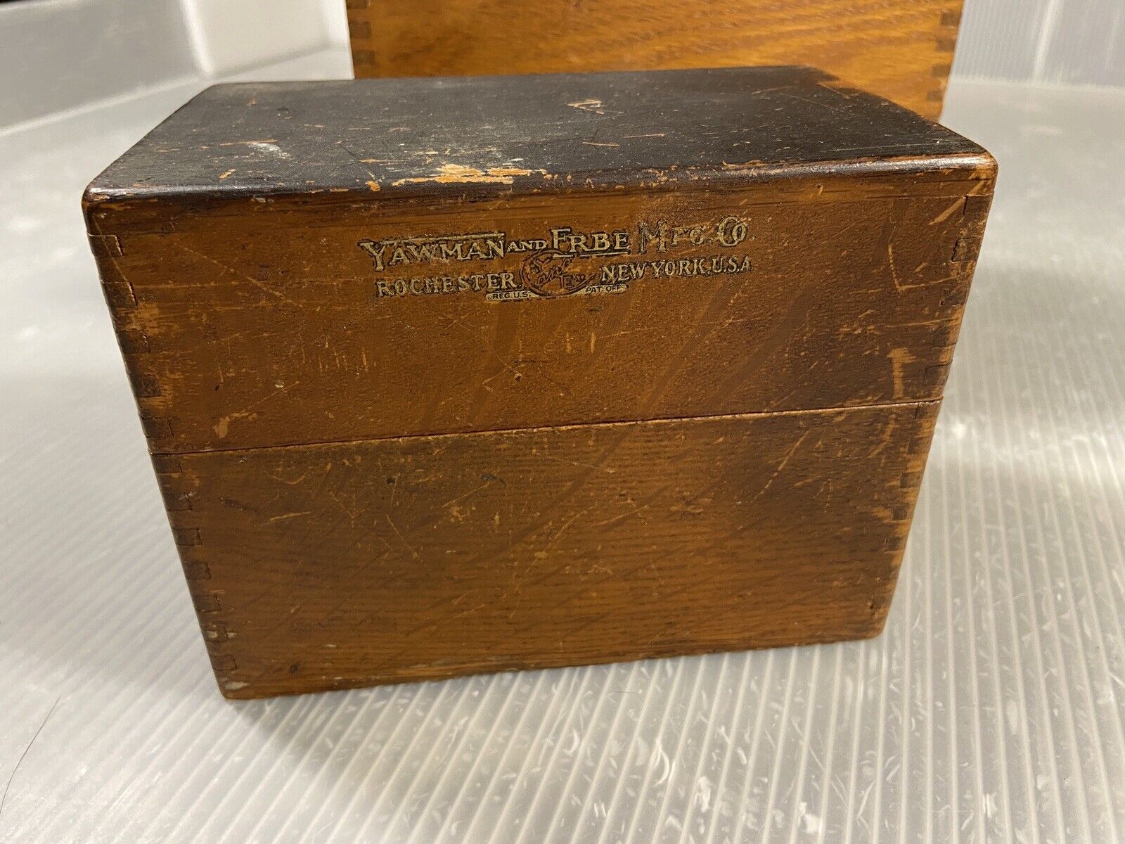 vintage hinged OAK BOX LOT/2 YAWMAN and ERBE HEDGES MFG #446 index card recipe