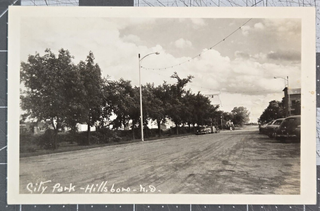 Vintage Kodak City Park Hillsboro North Dakota B&W RPPC Postcard Old Cars