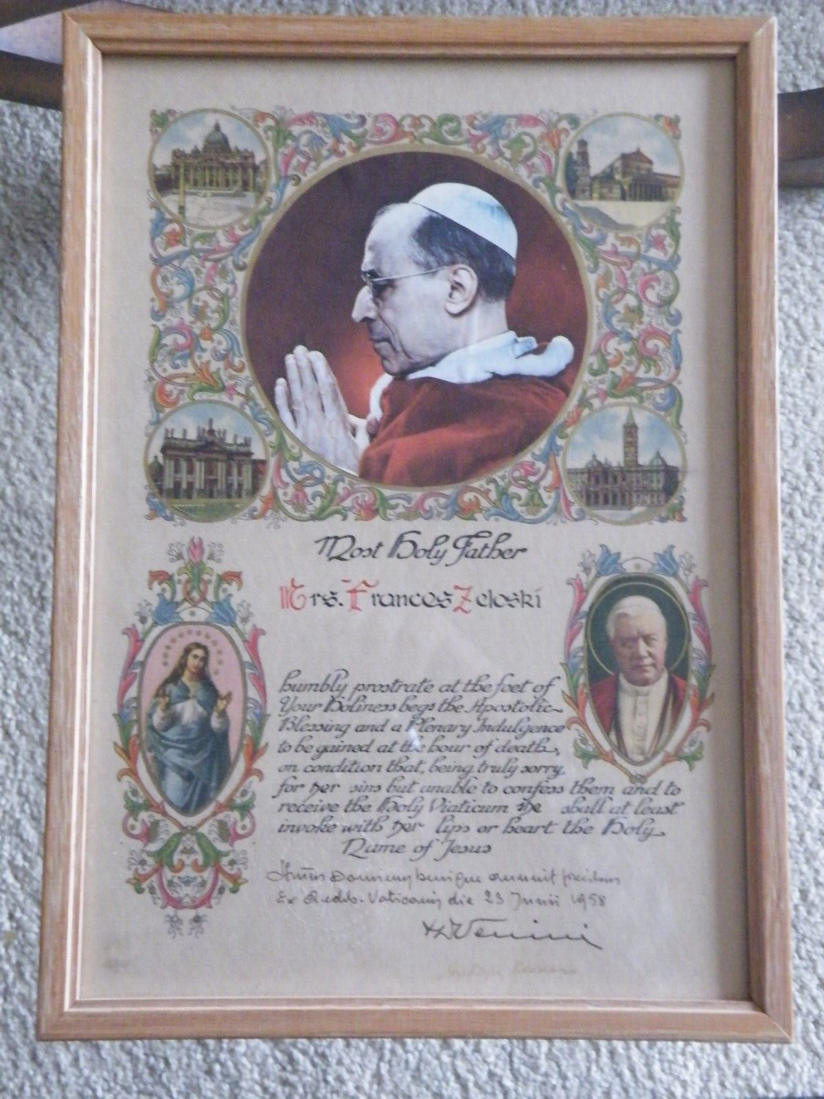Framed Pope Pius XII Prayer 1958 Official stamp - 13-3/4\