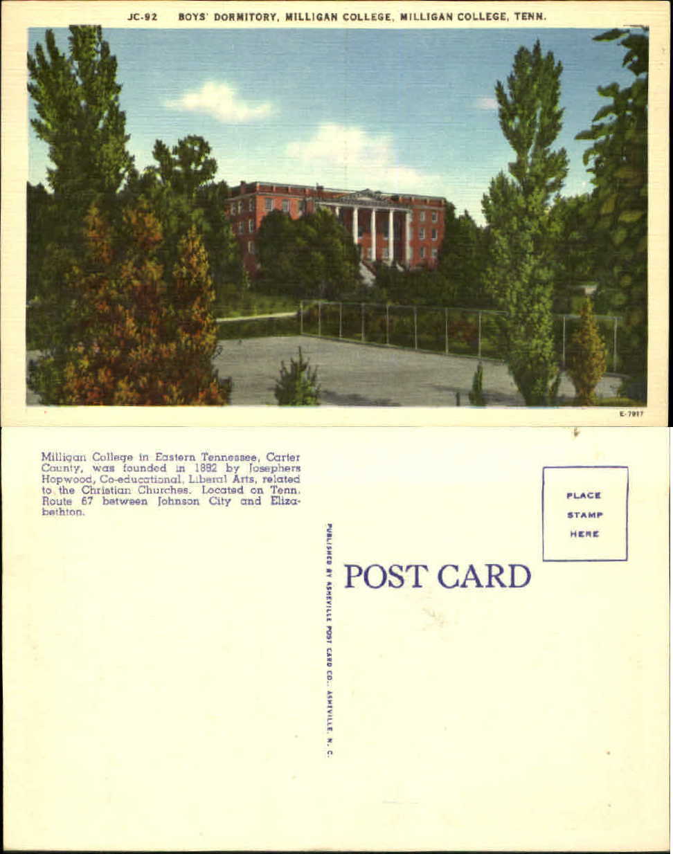 Milligan College boys dorm ~ Elizabethton Tennessee TN unused 1940s postcard