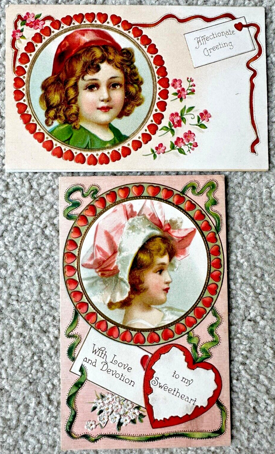 Two Valentine's Day Postcards Portraits of Young Children Flowers Hearts