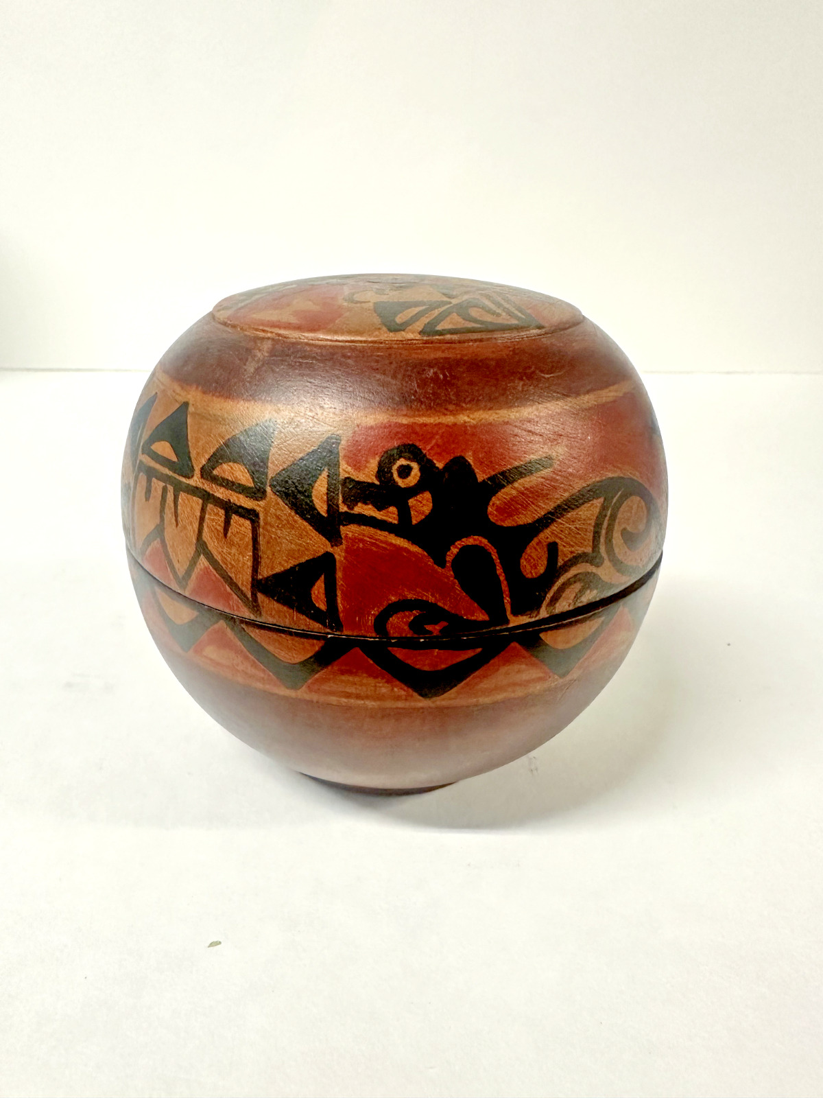Vintage Hand-Carved Wooden Trinket Sphere with Hand-Painted Indigenous Art