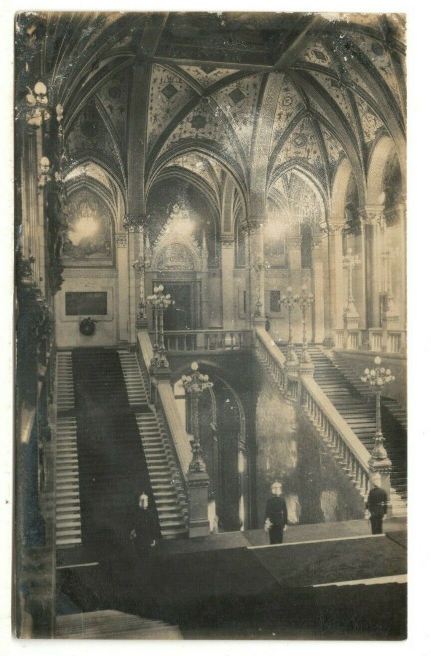 c1920 RPPC: Interior View – Parliament Staircase – Budapest, Hungary