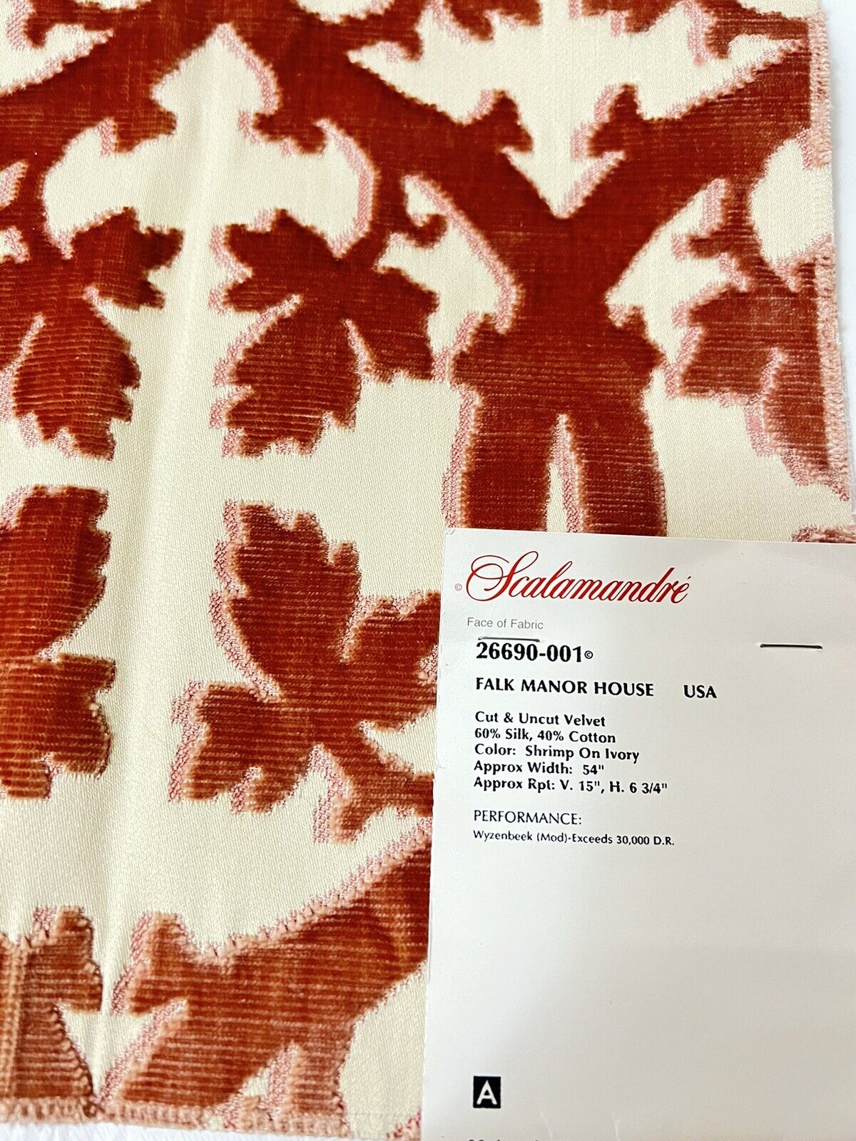 1 Scalamandre fabric- Falk Manor House - V 24”x H 24“-color Shrimp On Ivory