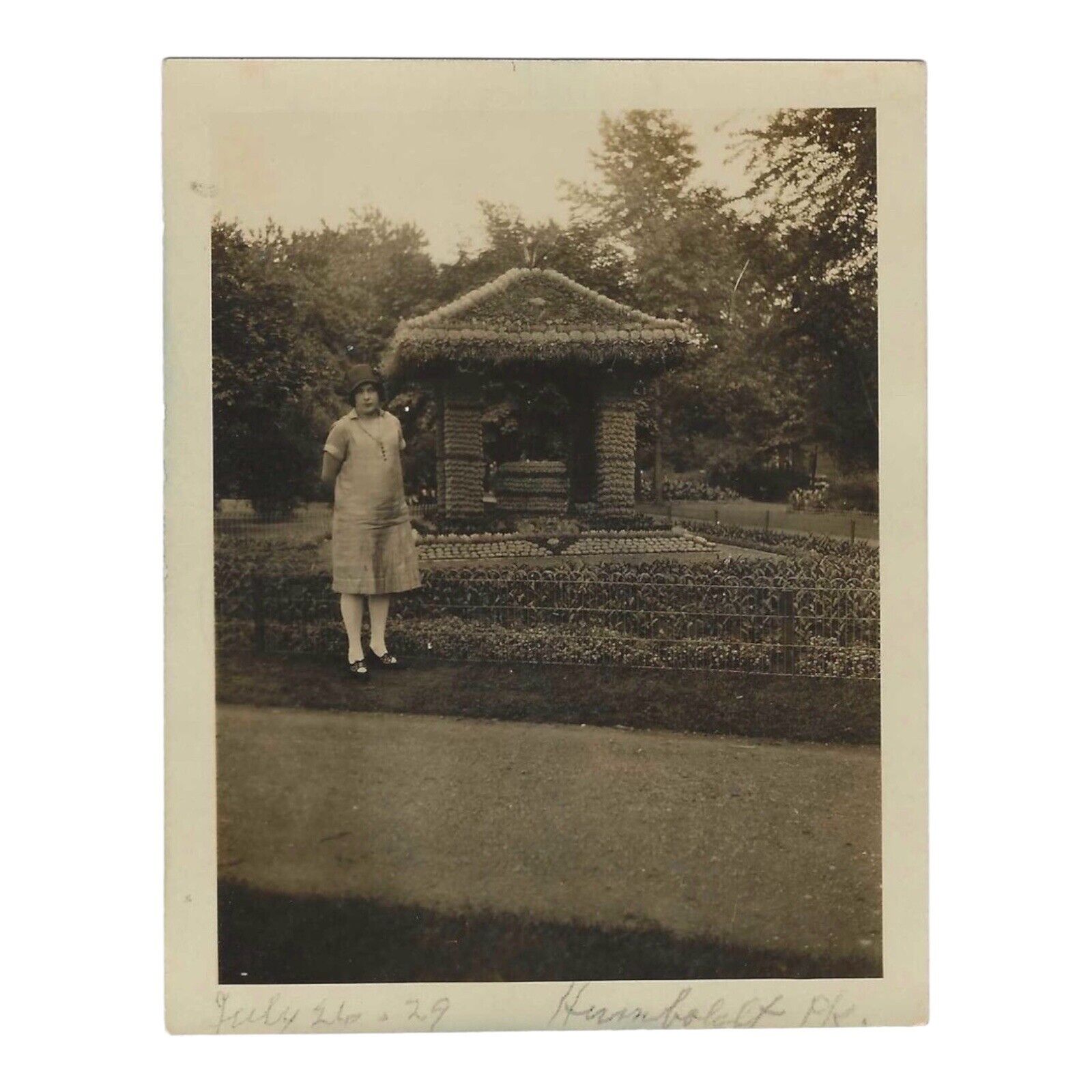Antique Snapshot Photo Flapper Woman Silk Stockings Cloche Hat 1929 Flowers