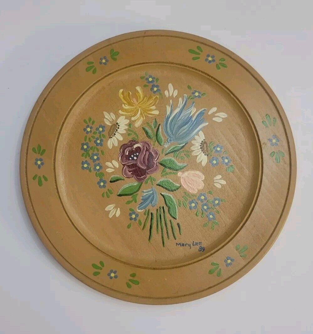 Vintage Hand Painted Wooden Decorative Plate Signed Mary Lee 1989