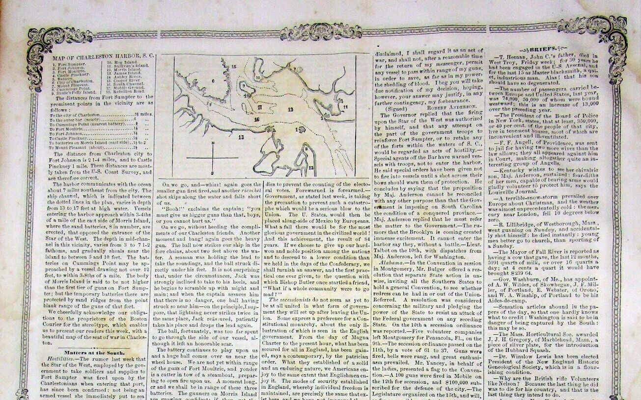 1861 Civil War newspaper FLORIDA & MISSISSIPPI SECEDE frm UNION w Charleston map