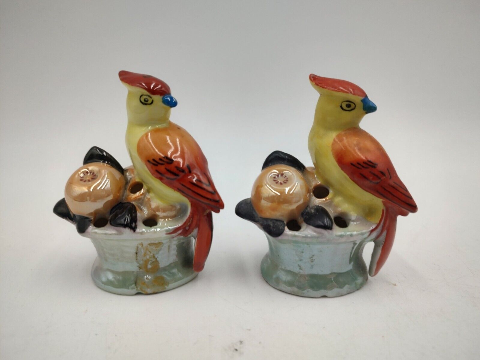 Pair of Vintage Lusterware 6 Hole Floral Frogs Parrot Cockatoo Figurines Japan
