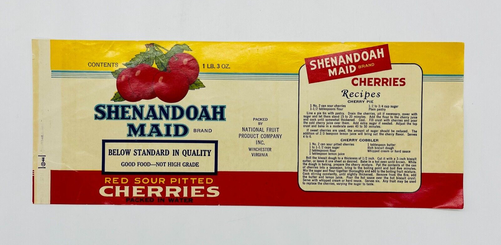 Vintage Unused SHENANDOAH MAID Red Sour Pitted Cherry Can Label Red Yellow Blue