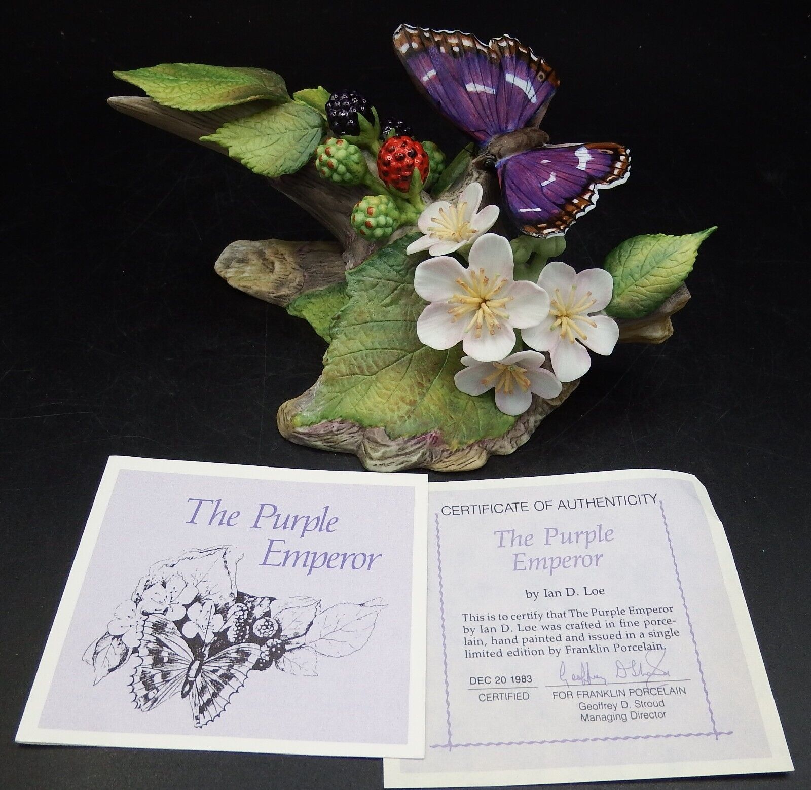 Franklin Mint Purple Emperor Porcelain Butterfly Figurine By Ian D. Loe NEW