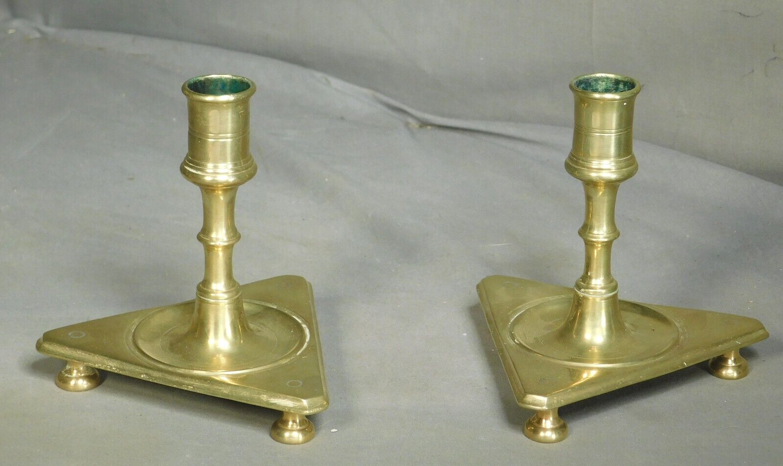 SWEET Pair 17th 18th Century Brass Candle Stick Holder Triangular Footed Spanish
