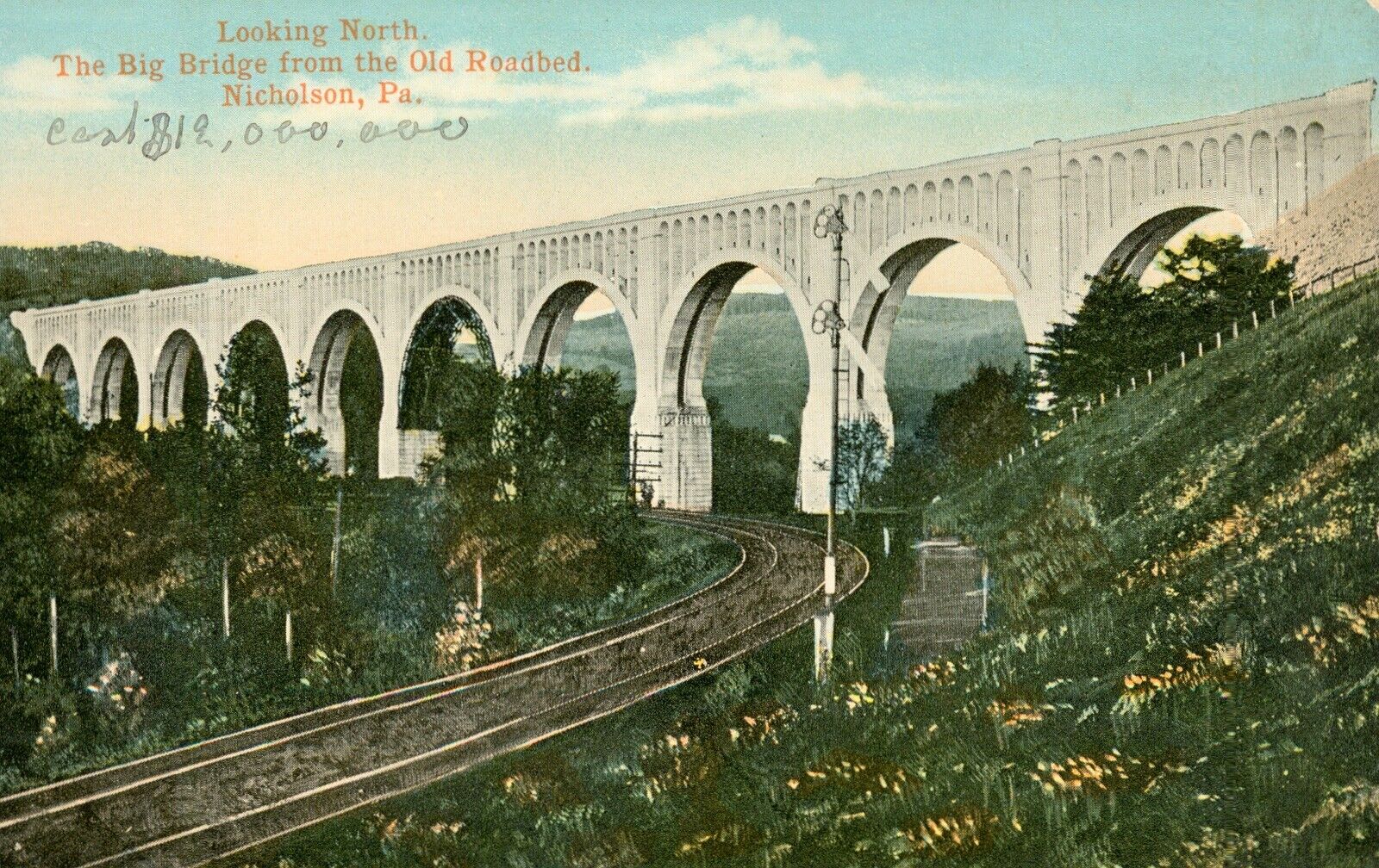 The BIG BRIDGE from Old Roadbed,NICHOLSON,Pa Antique POSTCARD c1907 Dixograph