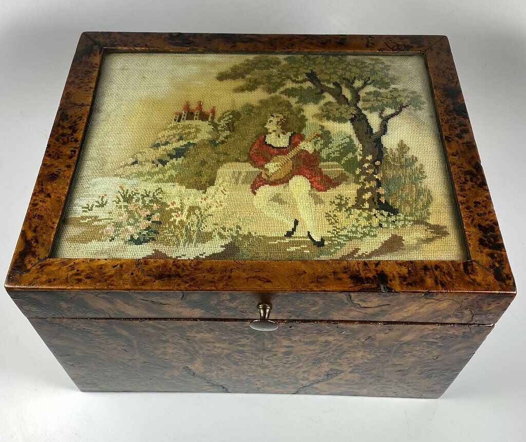 Antique French Needlepoint & Burled Wood Sewing or Work Box, Cigar Box, c1830-50