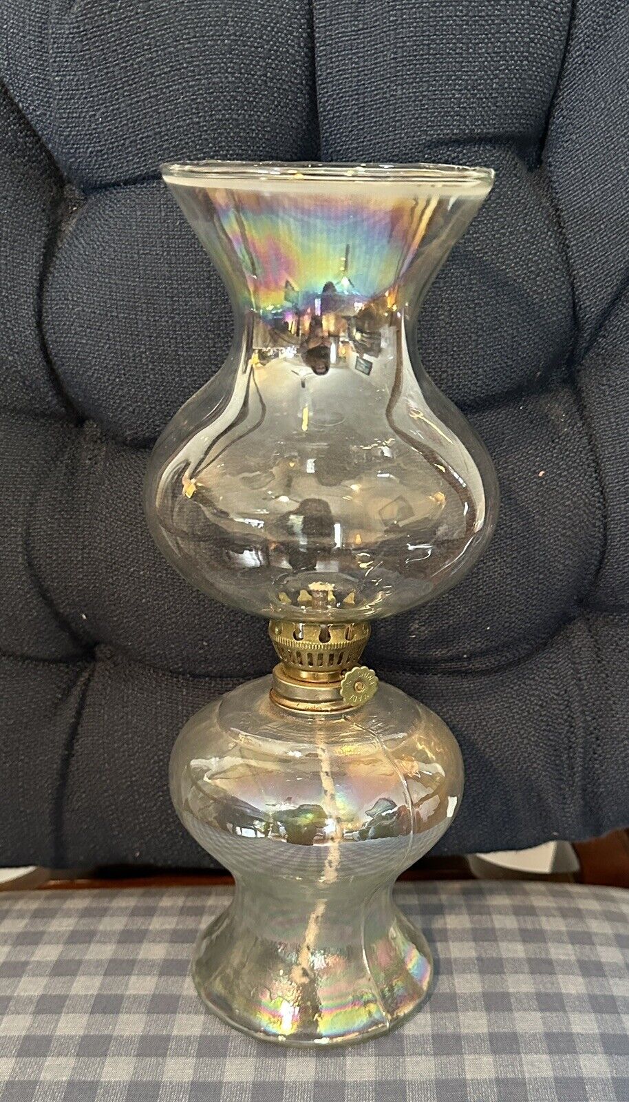 Pair Iridescent Glass Oil Lamps (2) Vintage   12 Inches Tall Romantic Gift