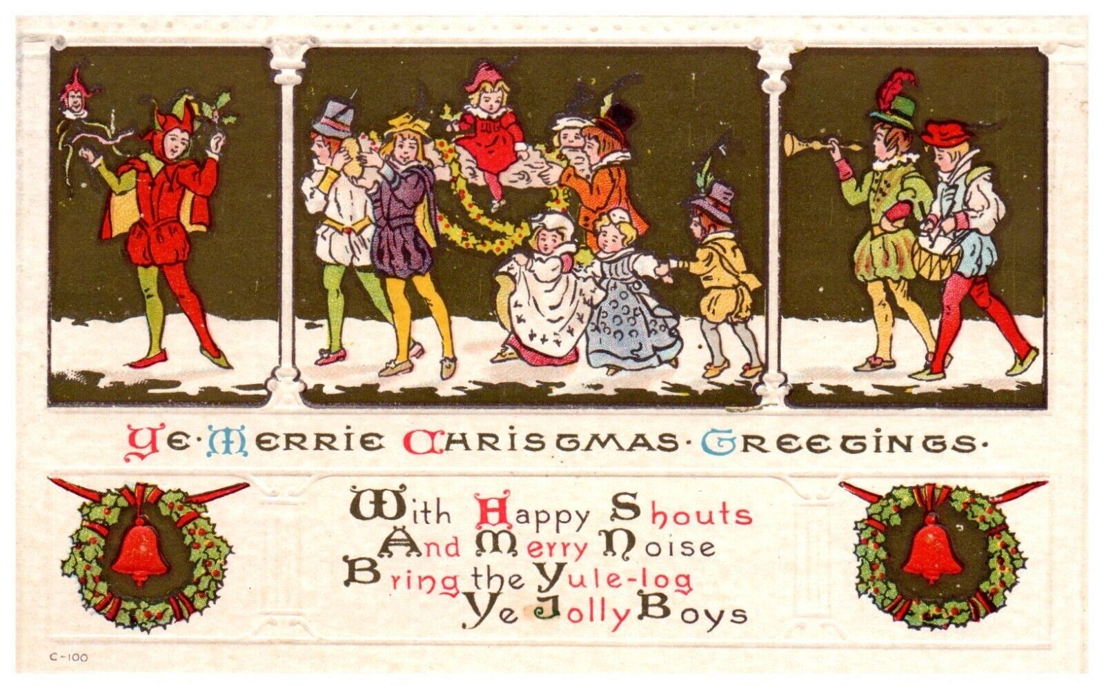 Merry Christmas Medieval Revival Embossed Antique Postcard Posted 1918