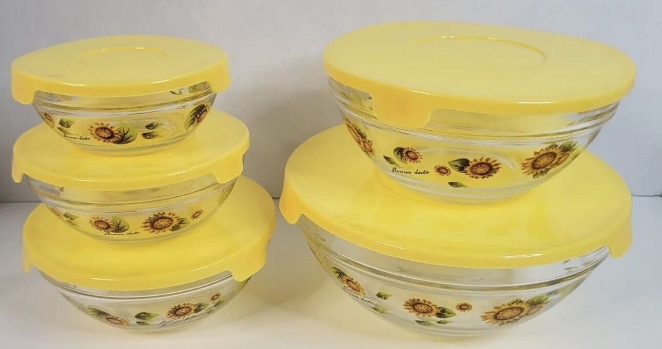 RARE Sunflower Vintage Glass Bowl Set Of 5 WITH LIDS Flower Dute Heat Resistant