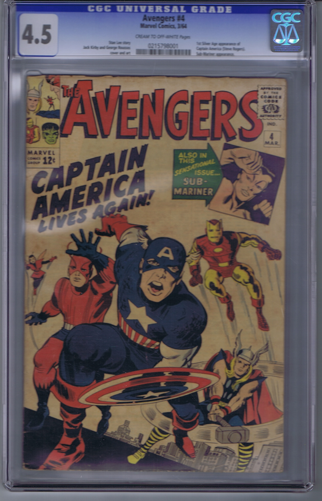 Avengers #4 Marvel 1964 CGC 4.5 (VG +) 1ST S.A. APPEARANCE OF Captain America