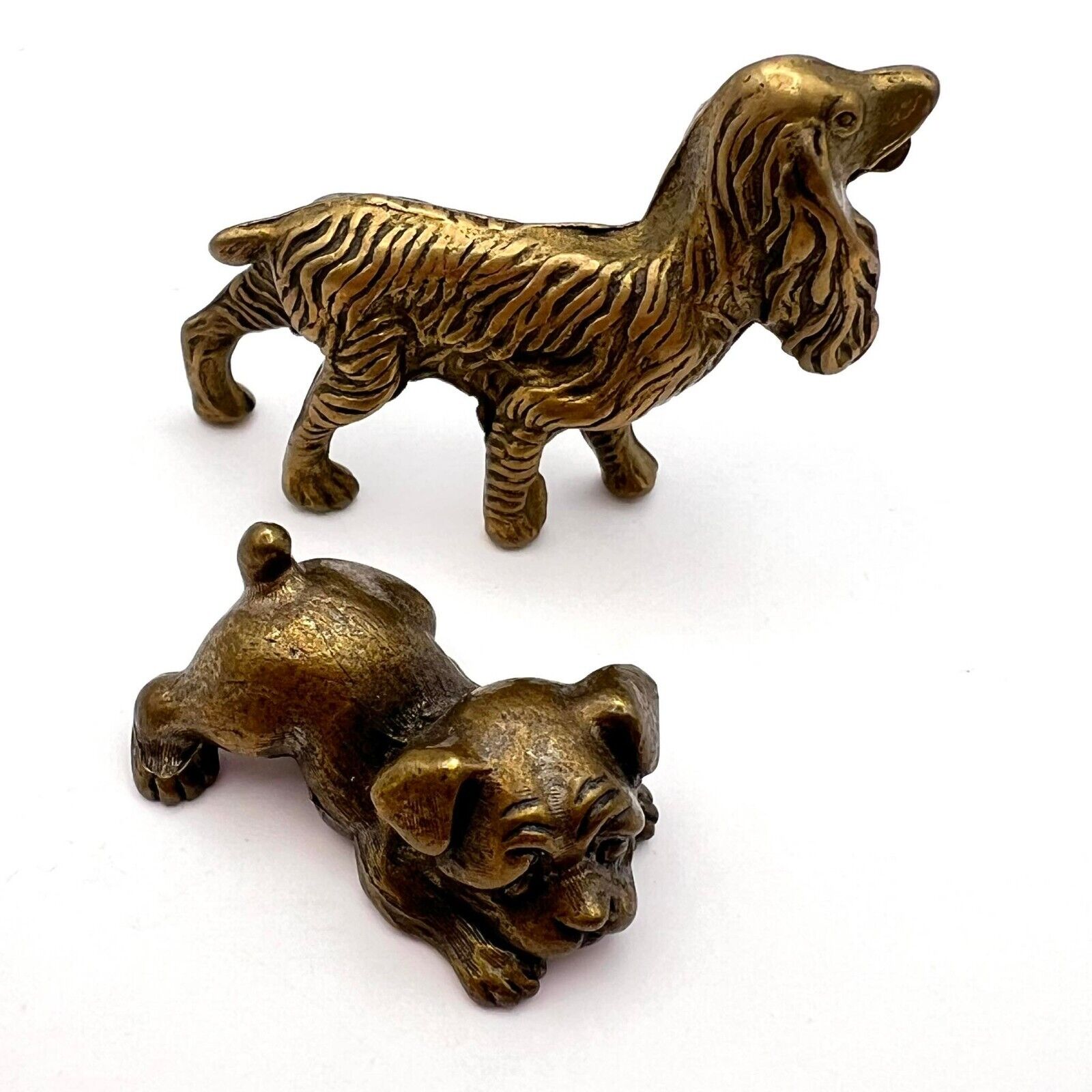 Two Miniature Vintage Collectible Bronze Brass Dogs Statue Figure Signed