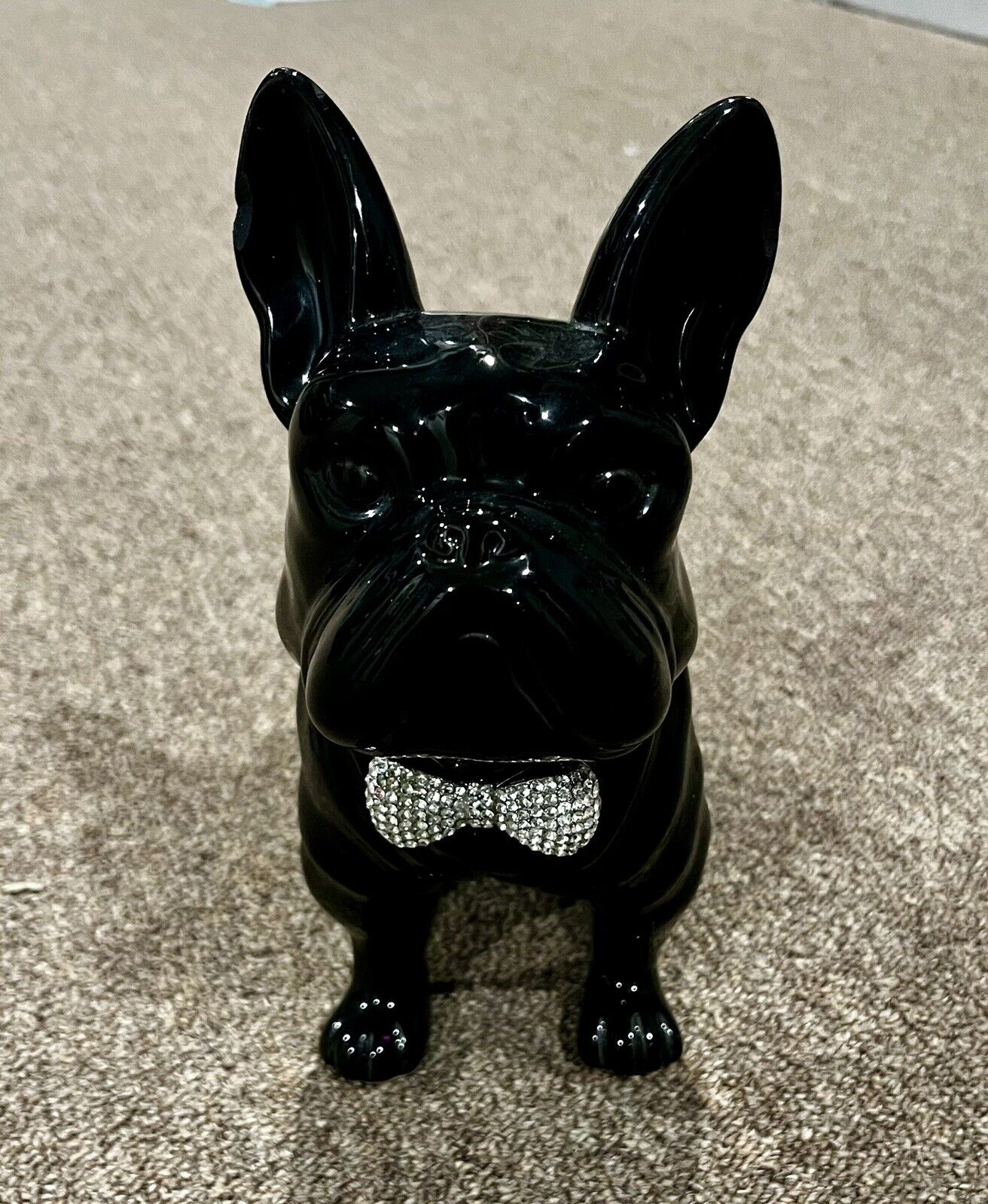 French Bulldog Figurine Statue in Black Porcelain - Large Rhinestone Bow