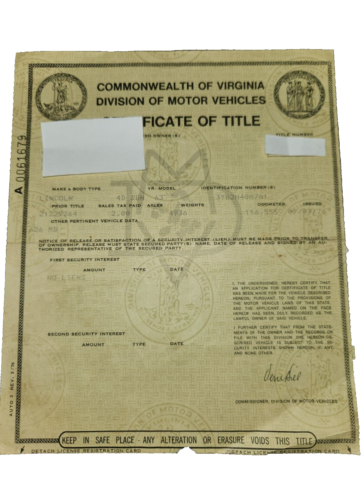1963 Lincoln Continental 4 Door Sedan Title Historical Document