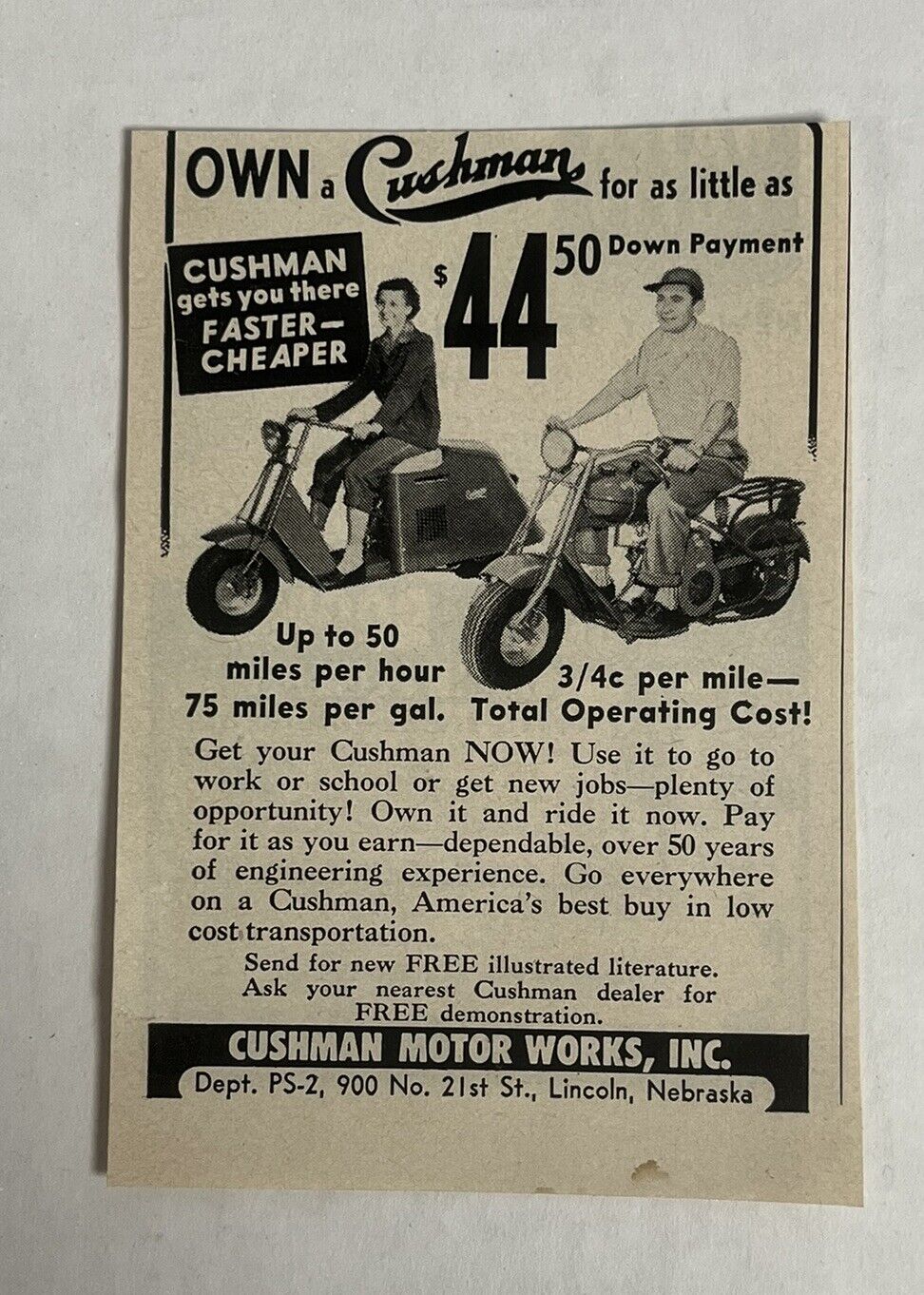 1953 Cushman Motors: Print Ad Gets You There Faster Cheaper 21st Lincoln Neb