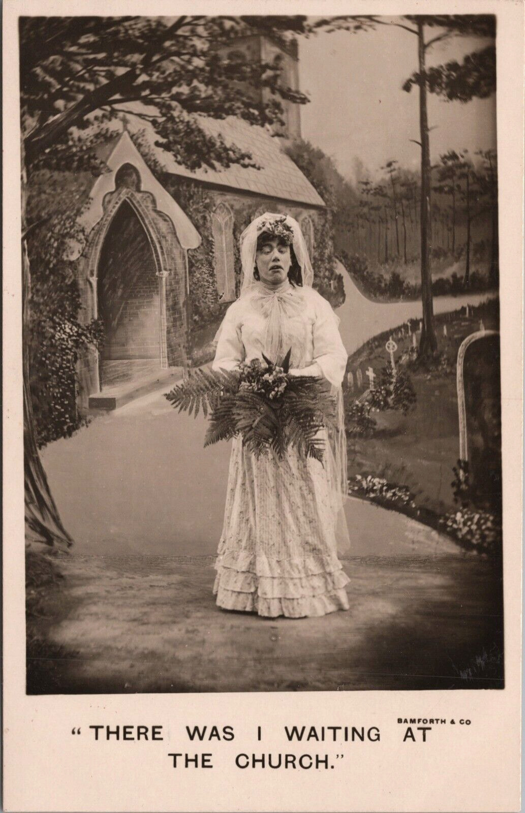 RPPC Bamforth 1907 Crying Jilted Bride Wedding Dress Bouquet Church Cemetary UNP
