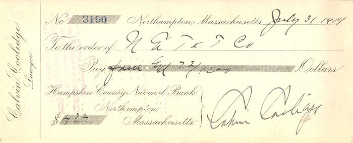 Calvin Coolidge signed Check dated 1914 - Autograph Check - Presidential - Autog