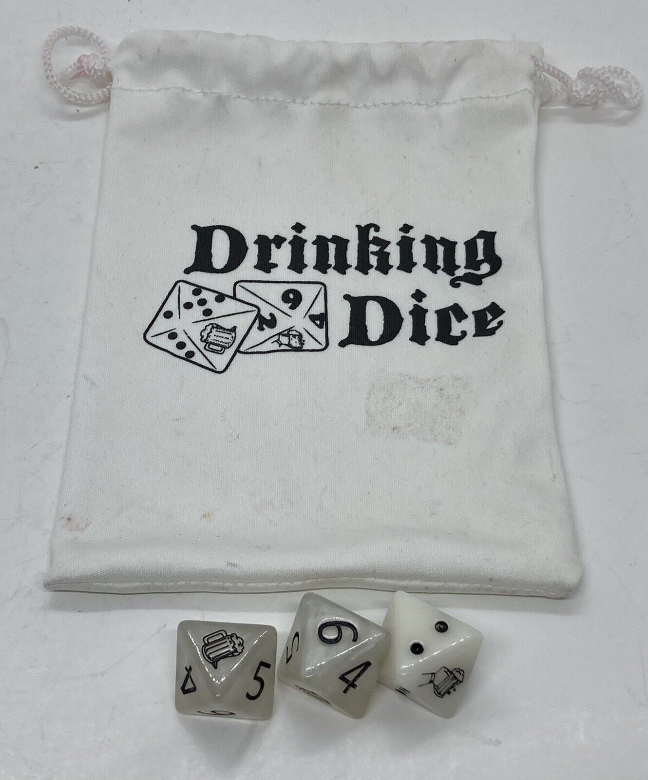 Vintage Drinking Dice Game Set Of 3 Pearlescent  Diamond Shaped Beer W/ Pouch 31