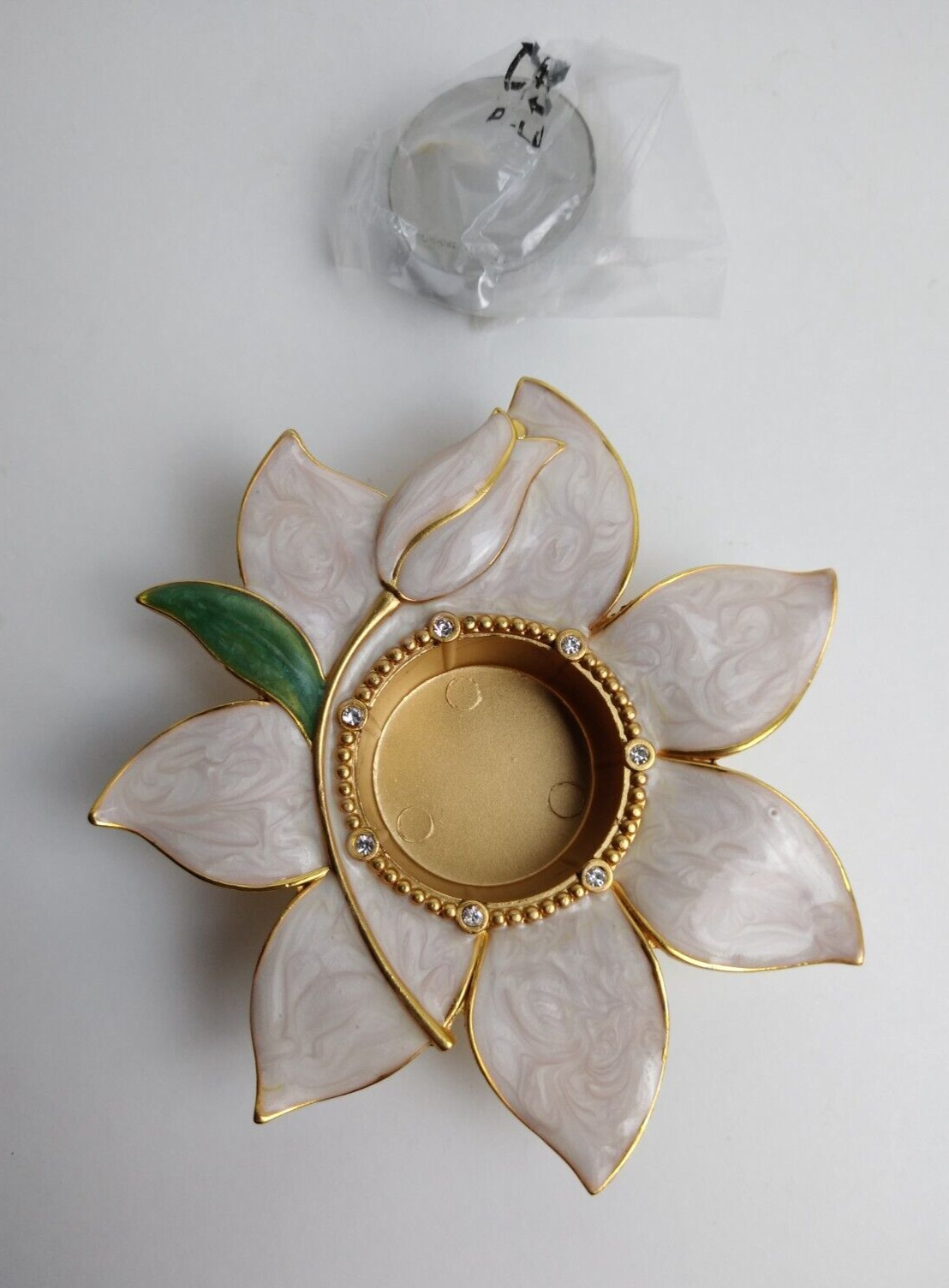 Burnes of Boston Tea Light Holder Flower Shape Enamel Gold Genuine Crystals 2001