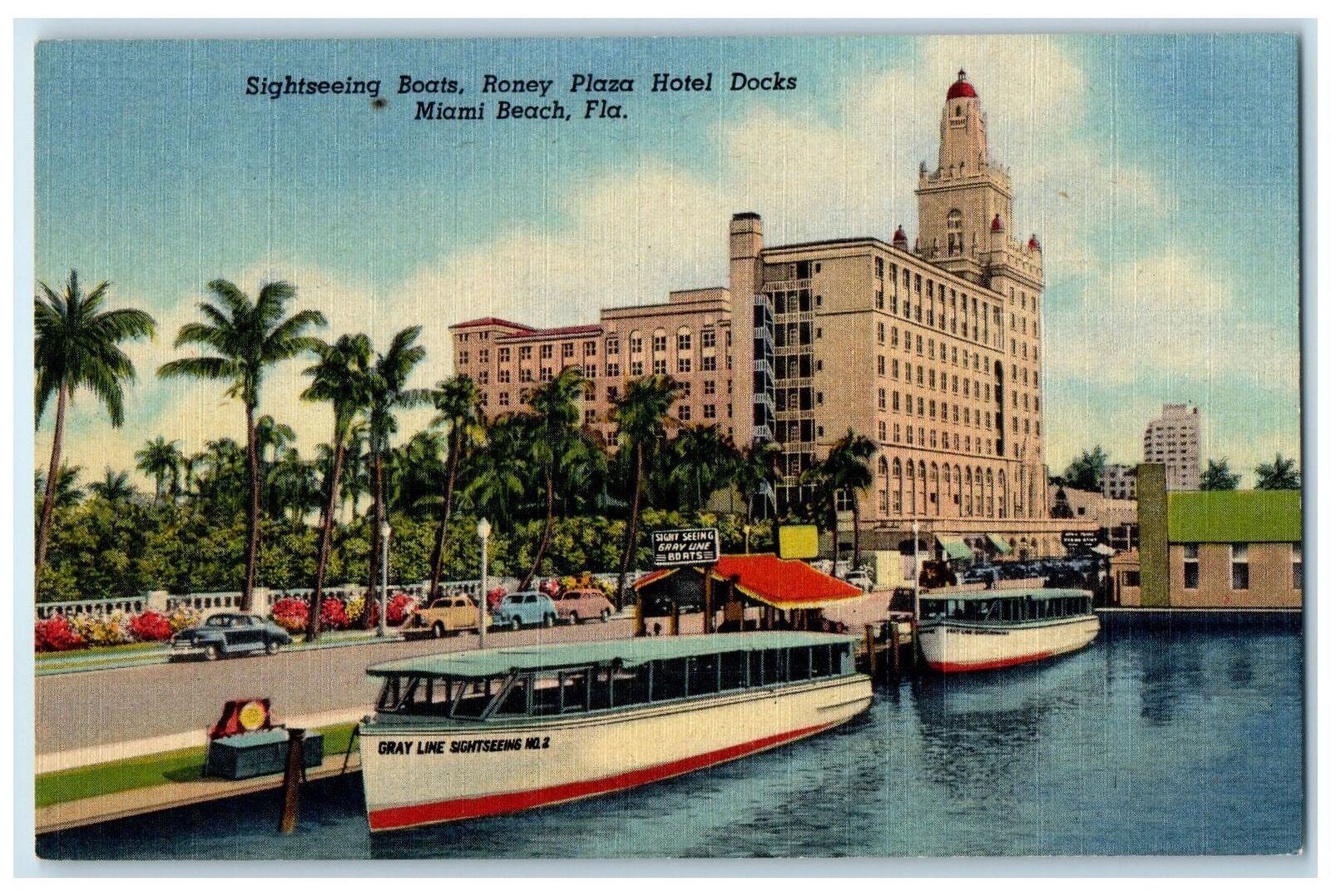 c1940s Sightseeing Boats Roney Plaza Hotel Docks Miami Beach Florida FL Postcard
