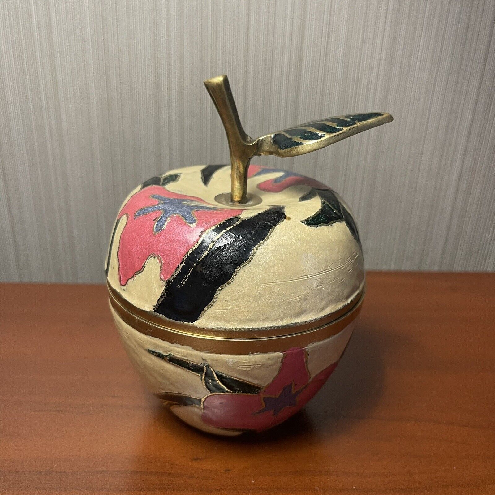 Vintage Cloisonné Brass Apple Keepsake Trinket Box with Painted Enamel Flowers