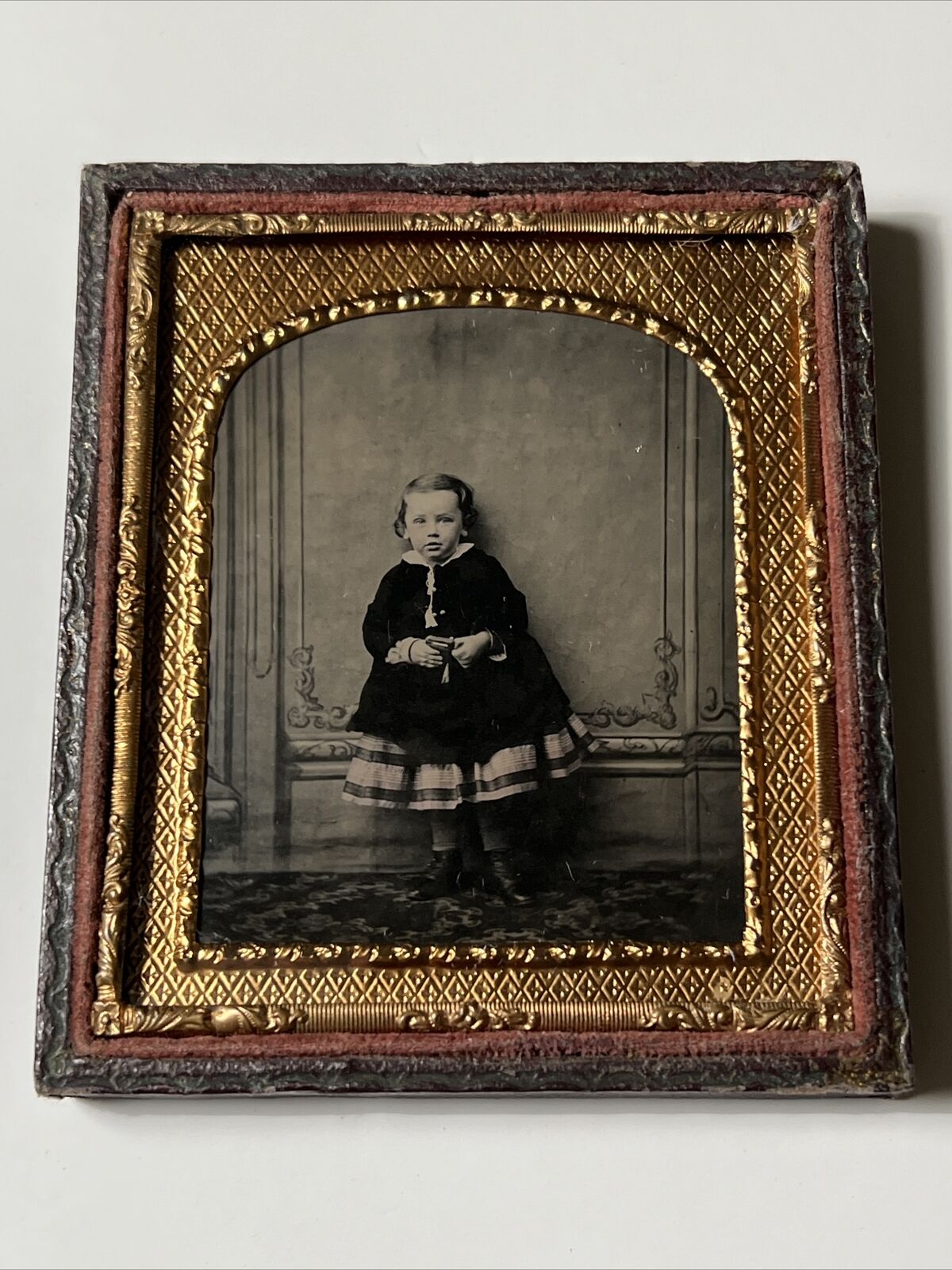 antique 1870s Framed Lovely GIRL in PLAID Mounted For Hanging Tintype Photo