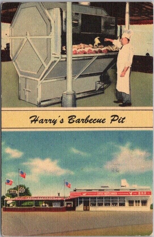 BOSSIER CITY Louisiana LINEN Postcard HARRY'S BARBECUE PIT Restaurant / 1950