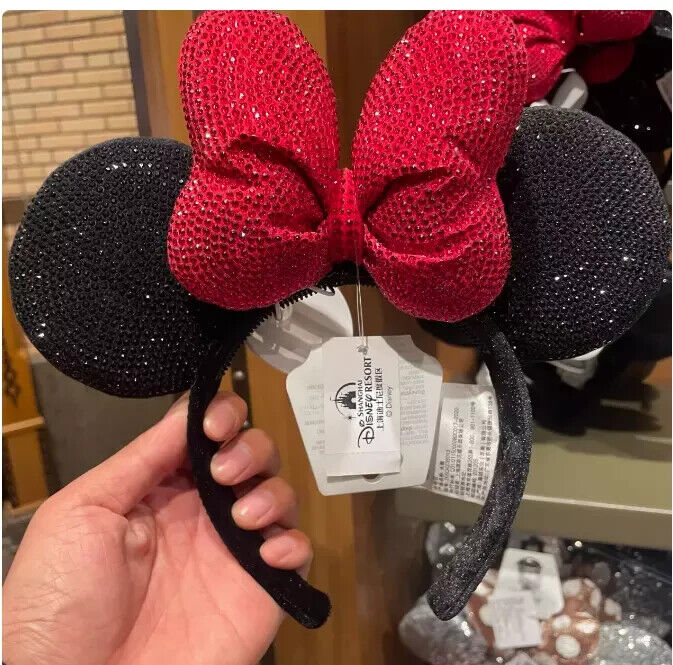 2024 Authentic Shanghai Disney park red black diamond ear Minnie Headband