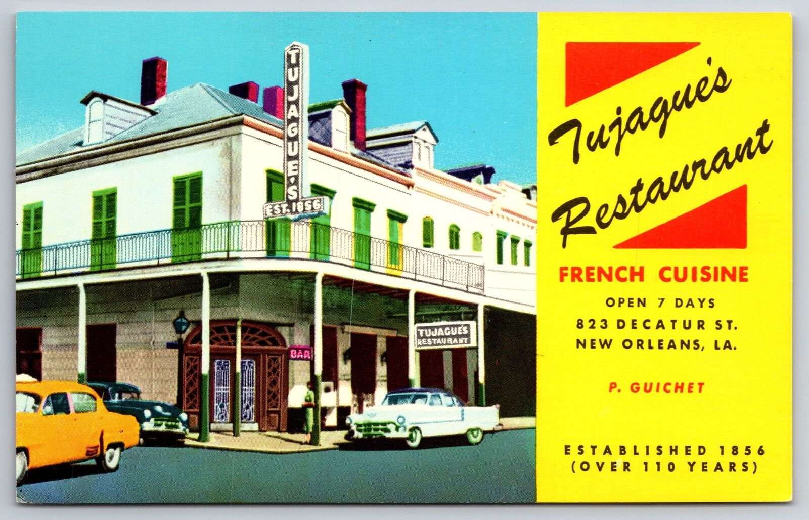 New Orleans Louisiana~Tujague\'s Restaurant~Classic Cars~1950s Postcard