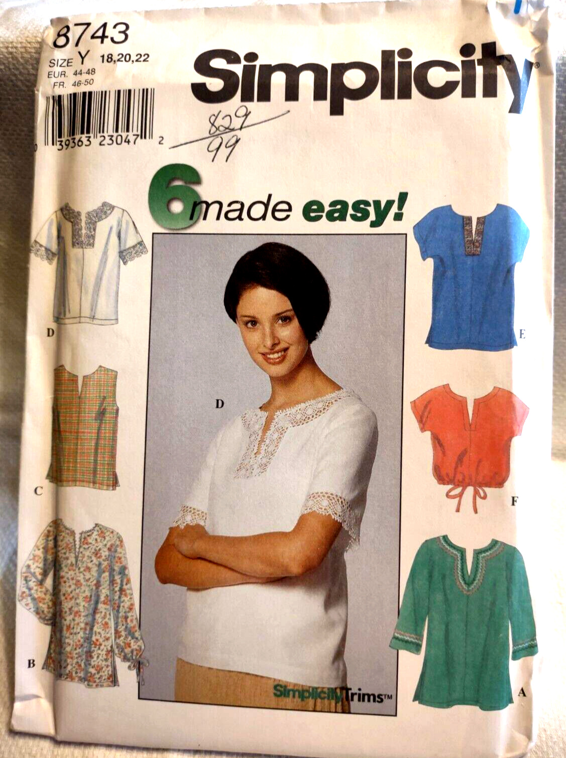 Simplicity 8743 Size 18-22 Sewing Pattern UNCUT Tops Sleeve & Length Option EASY