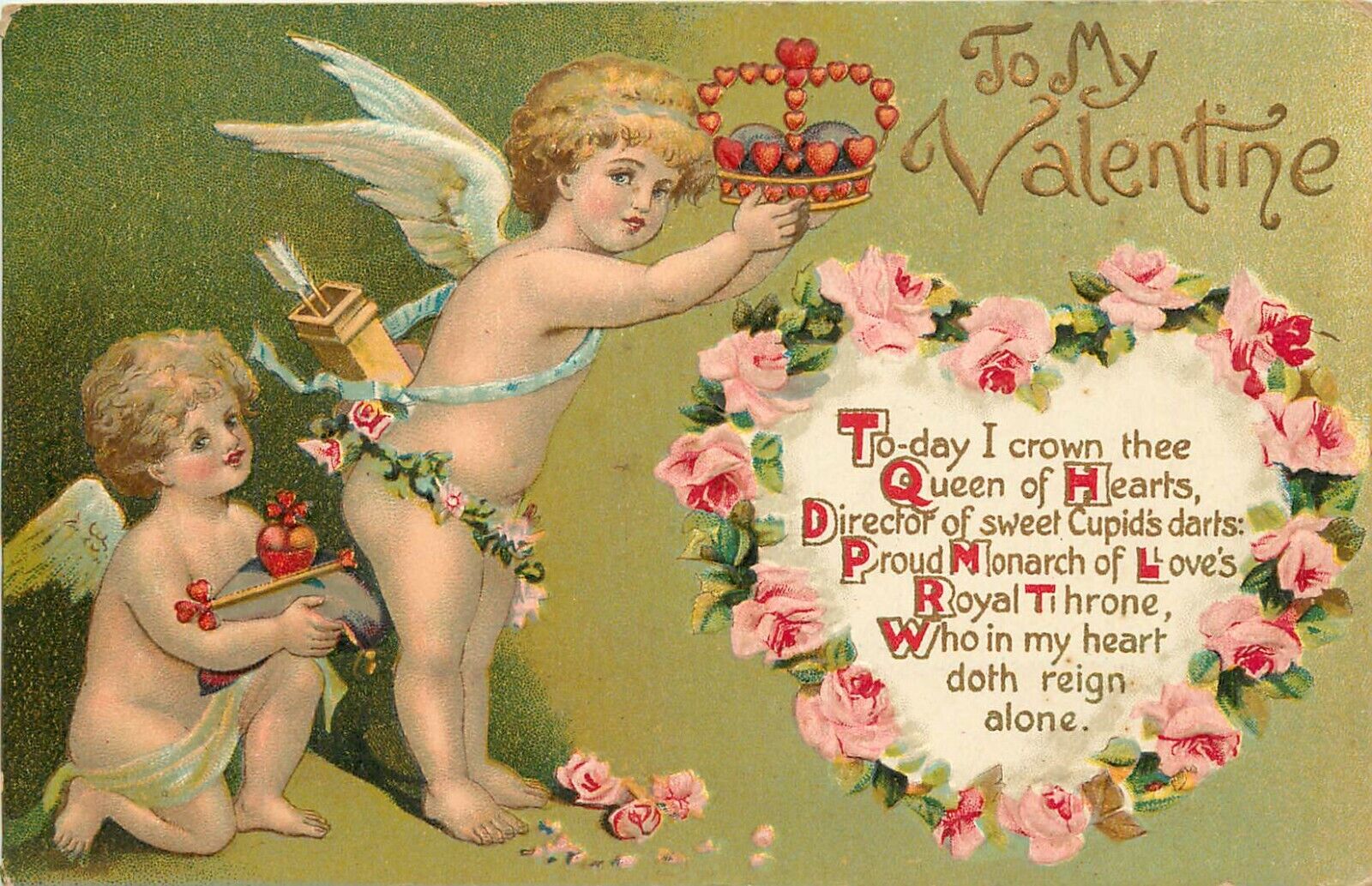 c1907 Embossed Valentine Postcard 208, Cupids Crown Thee Queen of Hearts