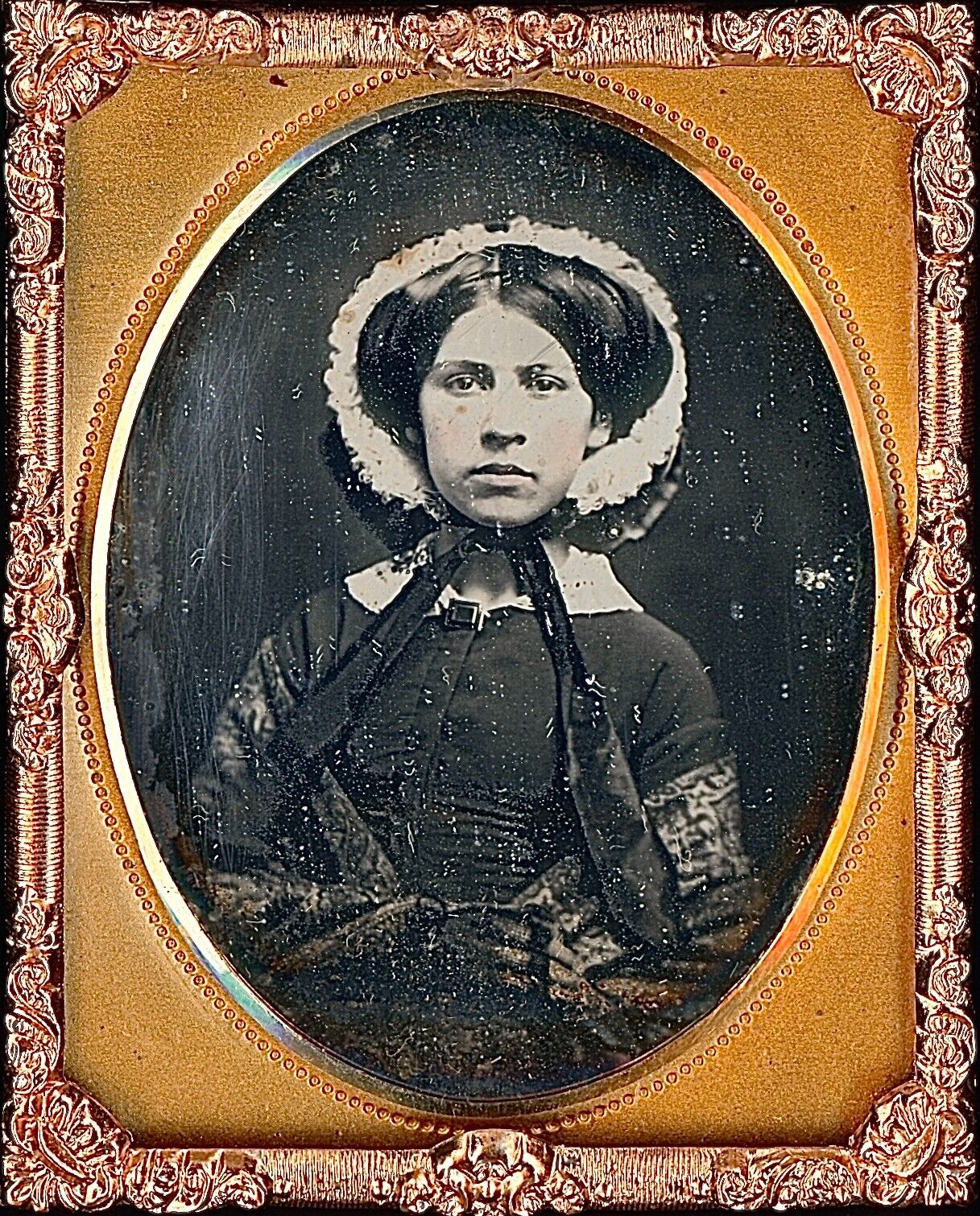 Pretty Young Lady Bonnet Lace Gloves Pattern Shawl 1/9 Plate Daguerreotype T378