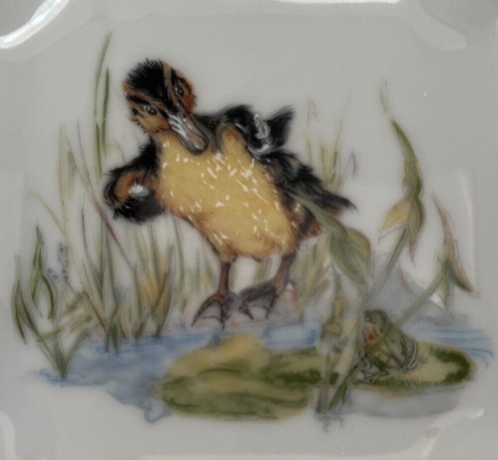 Vintage Enesco 1978 3.5” Square- Gold Trimmed Trinket Tray - Cute Duck And Frog