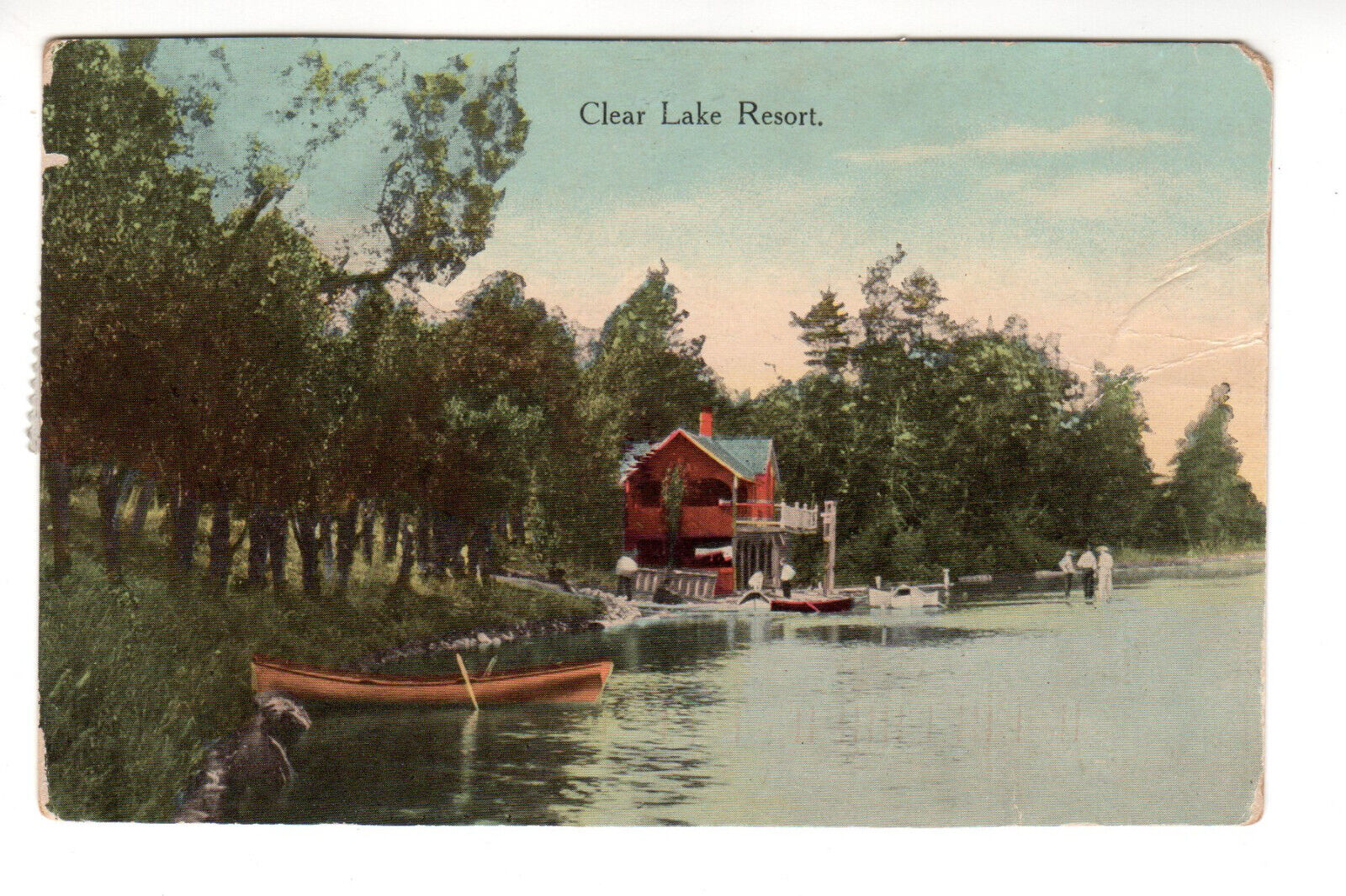 Postcard: Clear Lake Resort, MI (Michigan) - canoes, pier, dock