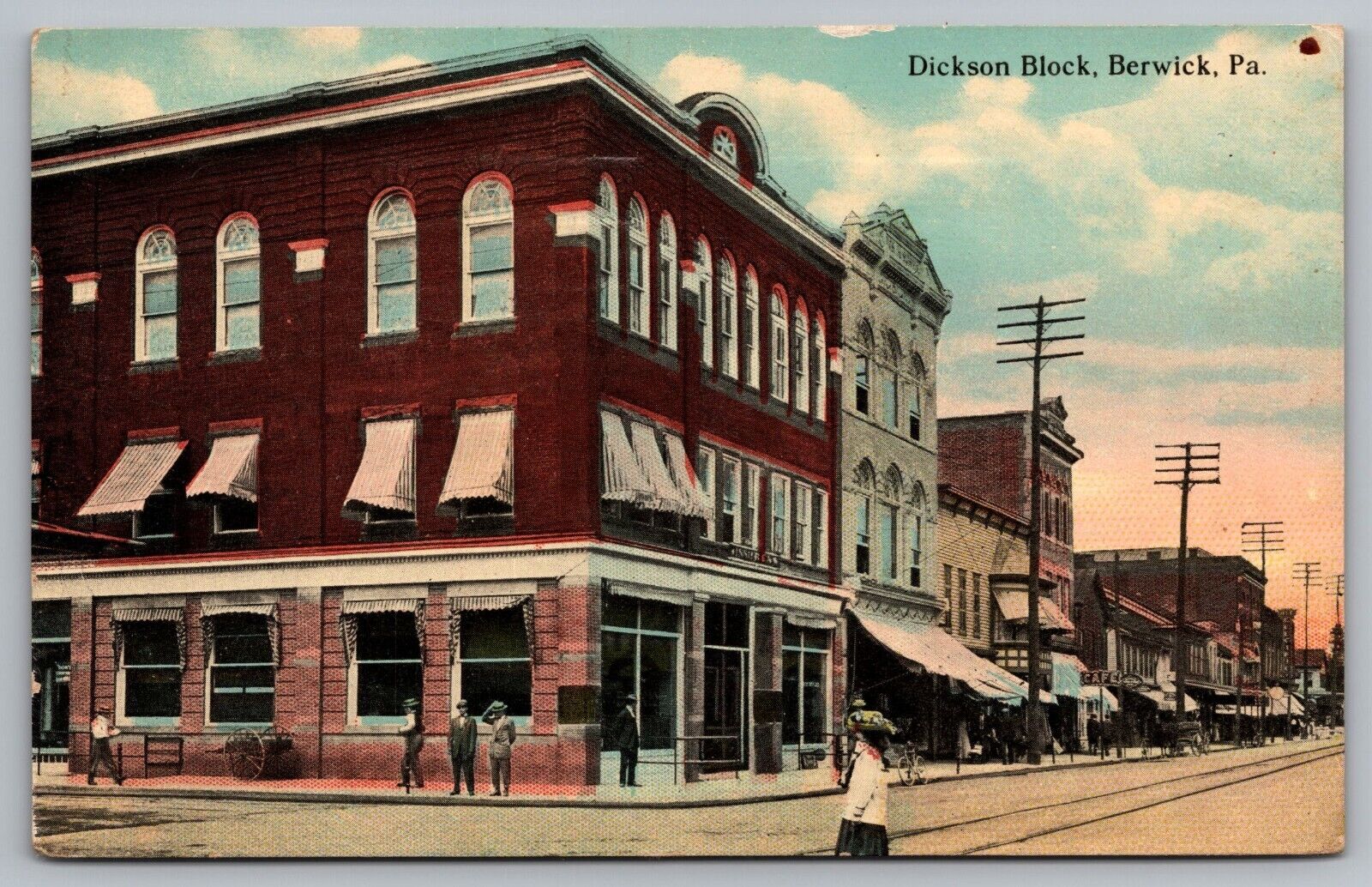 Postcard Dickson Block Berwick PA Pennsylvania Trolley Tracks