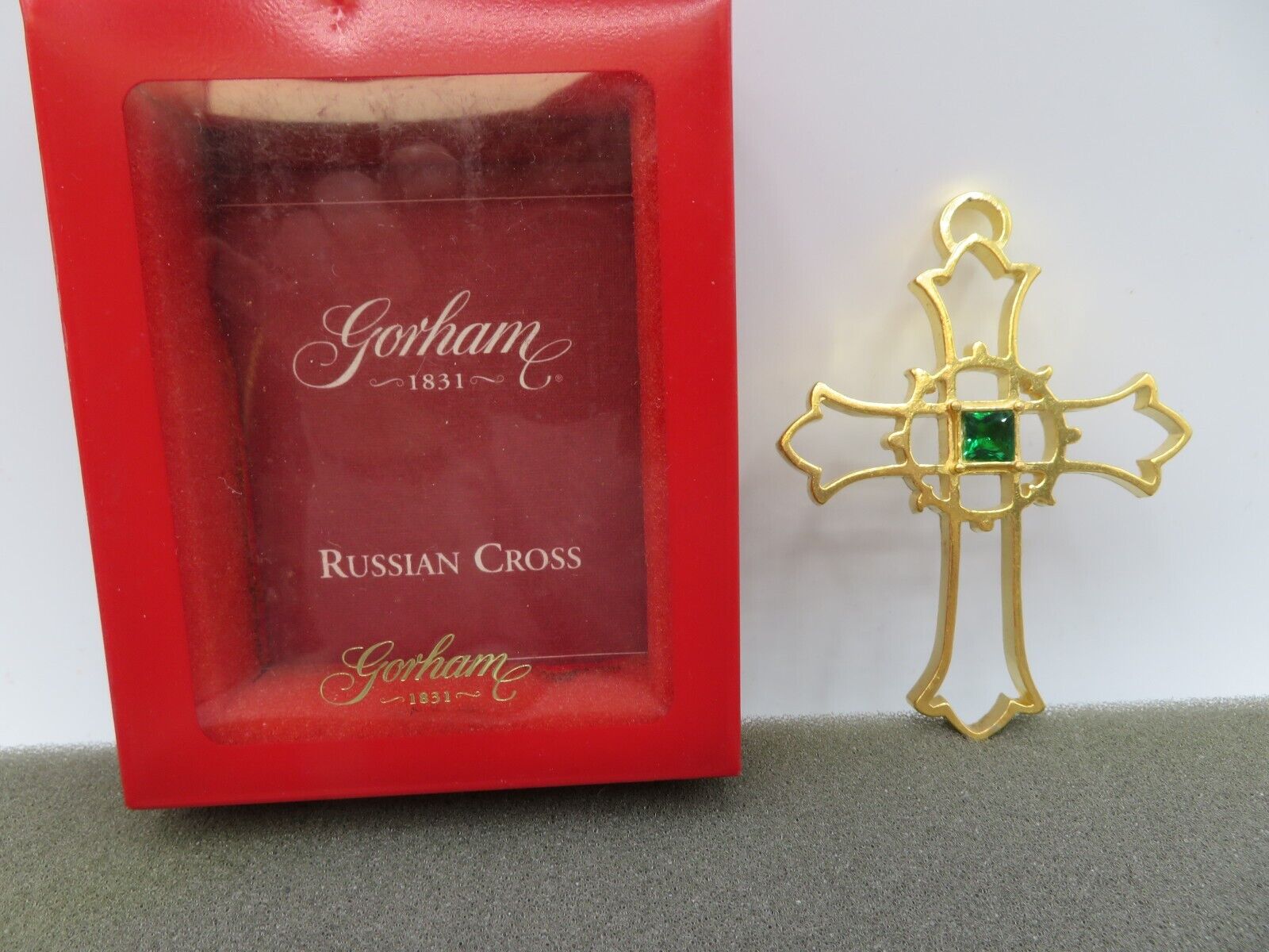Vintage GORHAM Gold Tone with Green Stone Ornate Russian Cross Ornament