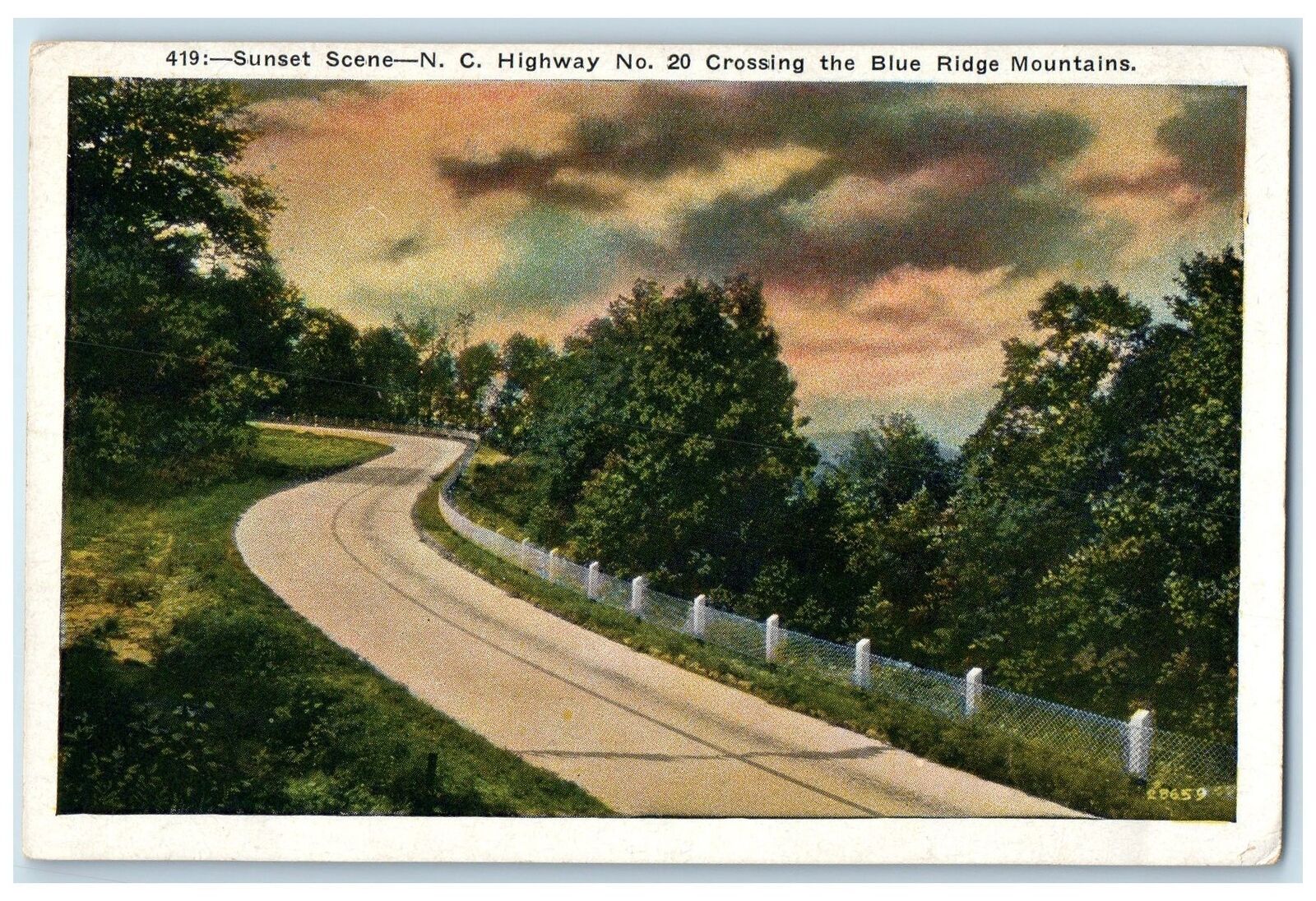 c1920\'s Sunset Scene Highway Blue Ridge Mountains North Carolina NC Postcard